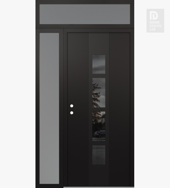 Modern Steel Front Door DIAMOND A10 50" X 96" BLACK/BLACK MIRRORED GLASS PANEL BLACK RHI WITH SIDELITE AND TRANSOM FROSTED GLASS