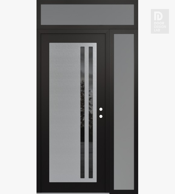Modern Steel Front Door Diamond C6 52" x 96" black/black mirrored Glass Panel stainless steel LHI with Sidelite and Transom frosted Glass