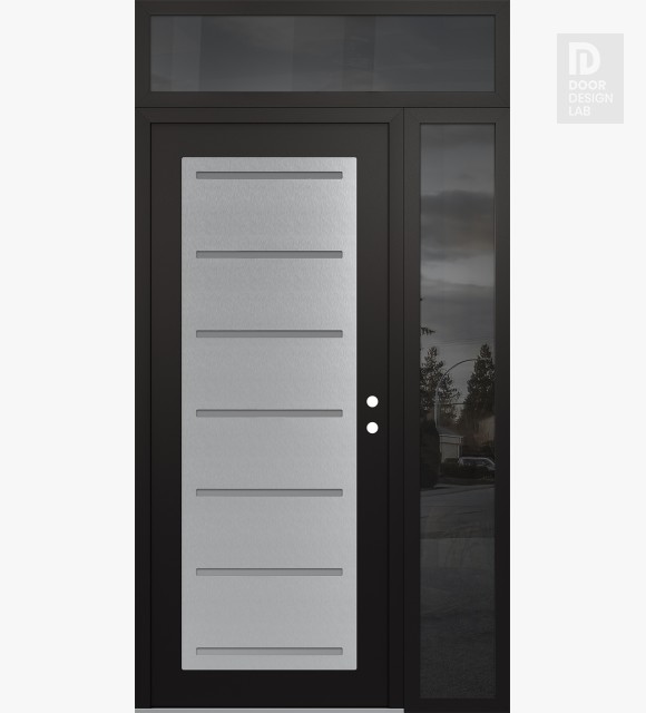 Modern Steel Front Door Diamond C11 50" x 96" black/white frosted Glass Panel stainless steel LHI with Sidelite and Transom mirrored Glass