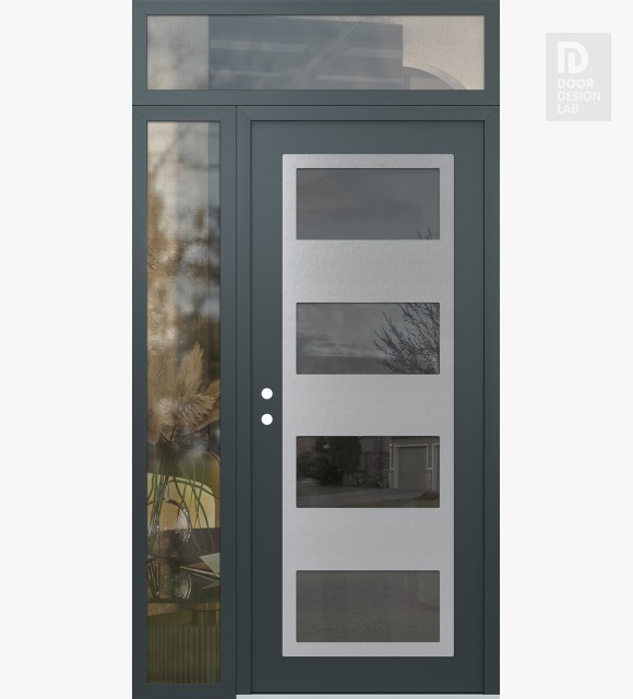 Modern Steel Front Door Diamond C2 48" x 96" anthracite/anthracite mirrored Glass Panel stainless steel RHI with Sidelite and Transom clear Glass
