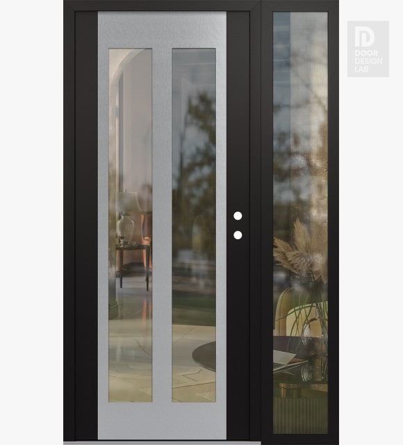 Modern Steel Front Door Diamond C14 52" x 80" black/black clear Glass Panel stainless steel LHI with Sidelite clear Glass