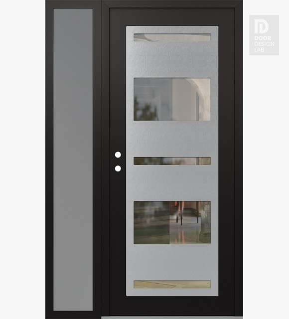 Modern Steel Front Door Diamond C10 52" x 80" black/black clear Glass Panel stainless steel RHI with Sidelite frosted Glass