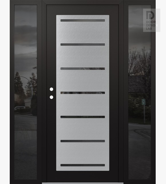 Modern Steel Front Door Diamond C11 68" x 80" black/black mirrored Glass Panel stainless steel RHI with 2 Sidelites mirrored Glass