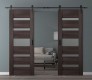DOUBLE BARN DOOR AVON 07-05 VETRO VERALINGA OAK 72" X 84" X 1 3/4" BLACK HARDWARE