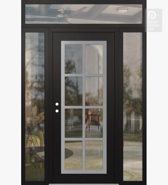 Modern Steel Front Door Diamond C16 68" x 96" black/black clear Glass Panel stainless steel RHI with 2 Sidelites and Transom clear Glass