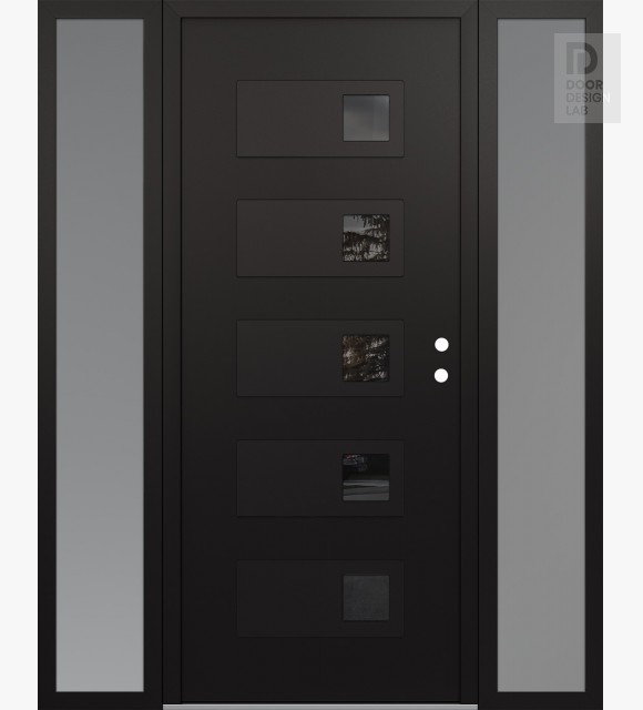 Modern Steel Front Door Diamond D2 64" x 80" black/black mirrored Glass Panel black LHI with 2 Sidelites frosted Glass