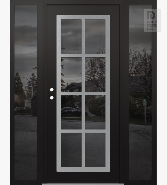 Modern Steel Front Door Diamond C16 68" x 80" black/black mirrored Glass Panel stainless steel RHI with 2 Sidelites mirrored Glass