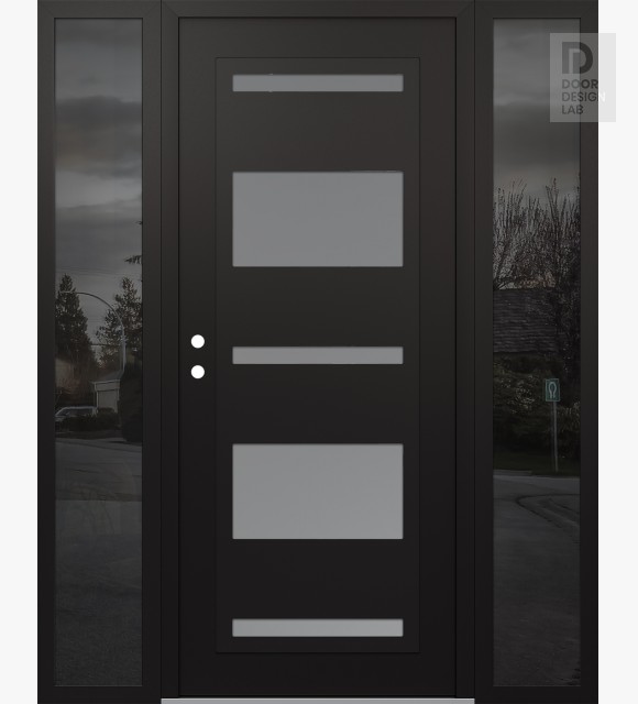 Modern Steel Front Door Diamond C10 64" x 80" black/white frosted Glass Panel black RHI with 2 Sidelites mirrored Glass