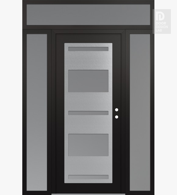 Modern Steel Front Door Diamond C10 68" x 96" black/white frosted Glass Panel stainless steel LHI with 2 Sidelites and Transom frosted Glass