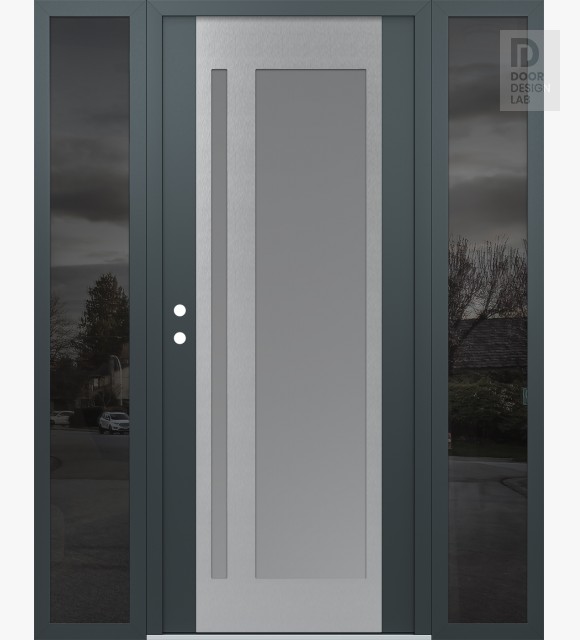 Modern Steel Front Door Diamond C15 60" x 80" anthracite/anthracite frosted Glass Panel stainless steel RHI with 2 Sidelites mirrored Glass