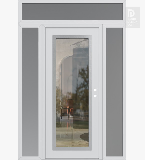 Modern Steel Front Door Diamond C1 64" x 96" white/white clear Glass Panel stainless steel LHI with 2 Sidelites and Transom frosted Glass
