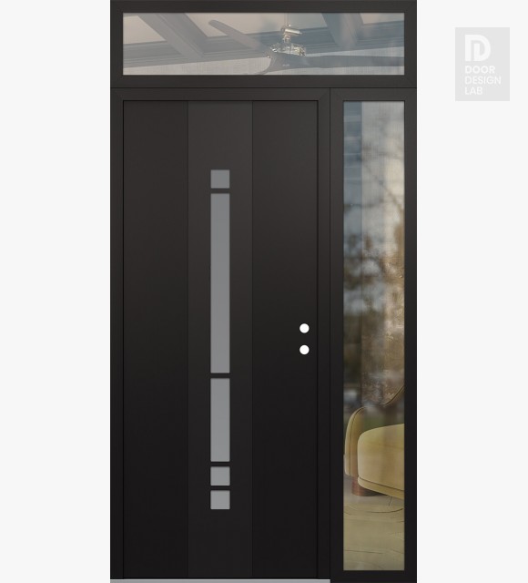 Modern Steel Front Door DIAMOND A3 48" X 96" BLACK/WHITE FROSTED GLASS PANEL BLACK LHI WITH SIDELITE AND TRANSOM CLEAR GLASS