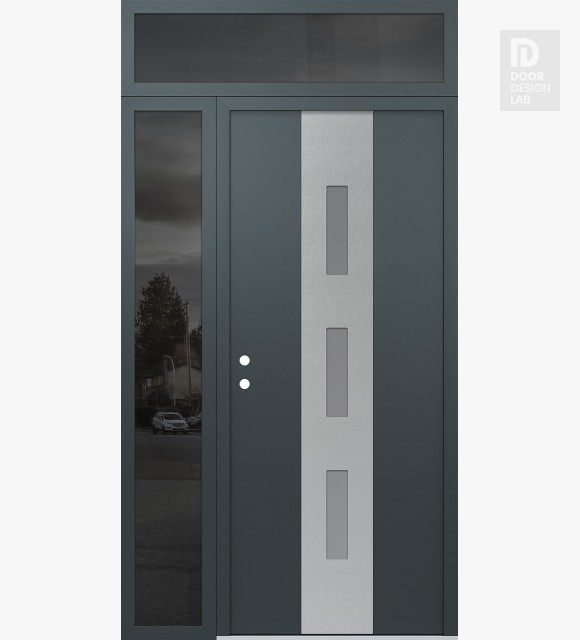 Modern Steel Front Door DIAMOND A7 52" X 96" ANTHRACITE/ANTHRACITE FROSTED GLASS PANEL STAINLESS STEEL RHI WITH SIDELITE AND TRANSOM MIRRORED GLASS