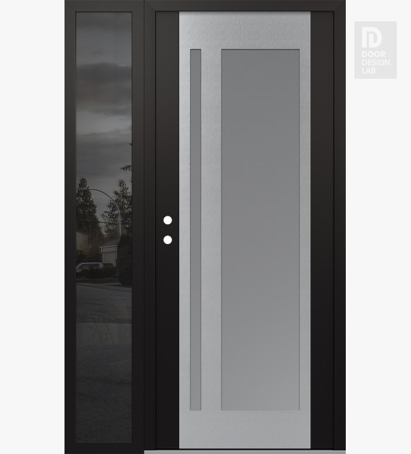 Modern Steel Front Door Diamond C15 50" x 80" black/white frosted Glass Panel stainless steel RHI with Sidelite mirrored Glass