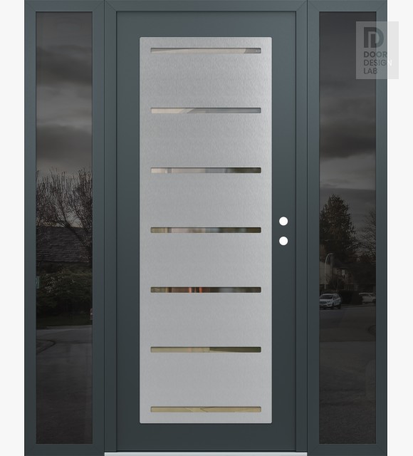 Modern Steel Front Door Diamond C11 64" x 80" anthracite/anthracite clear Glass Panel stainless steel LHI with 2 Sidelites mirrored Glass