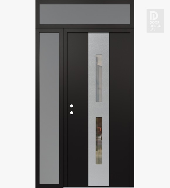 Modern Steel Front Door DIAMOND A6 48" X 96" BLACK/BLACK CLEAR GLASS PANEL STAINLESS STEEL RHI WITH SIDELITE AND TRANSOM FROSTED GLASS