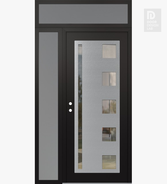 Modern Steel Front Door Diamond C3 52" x 96" black/black clear Glass Panel stainless steel RHI with Sidelite and Transom frosted Glass