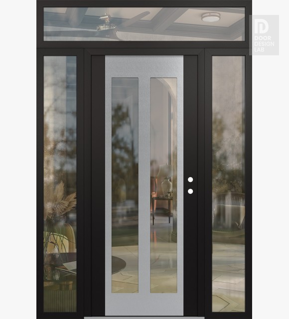 Modern Steel Front Door Diamond C14 64" x 96" black/black clear Glass Panel stainless steel LHI with 2 Sidelites and Transom clear Glass