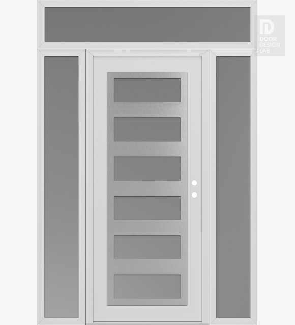 Modern Steel Front Door Diamond C9 64" x 96" white/white frosted Glass Panel stainless steel LHI with 2 Sidelites and Transom frosted Glass