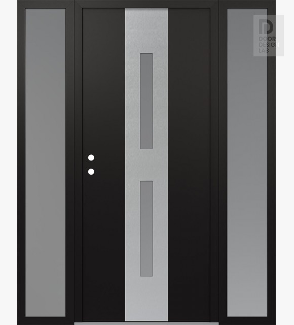 Modern Steel Front Door DIAMOND A6 68" X 80" BLACK/WHITE FROSTED GLASS PANEL STAINLESS STEEL RHI WITH 2 SIDELITES FROSTED GLASS