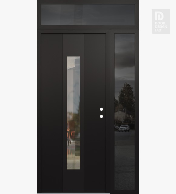 Modern Steel Front Door DIAMOND A1 52" X 96" BLACK/BLACK CLEAR GLASS PANEL BLACK LHI WITH SIDELITE AND TRANSOM MIRRORED GLASS