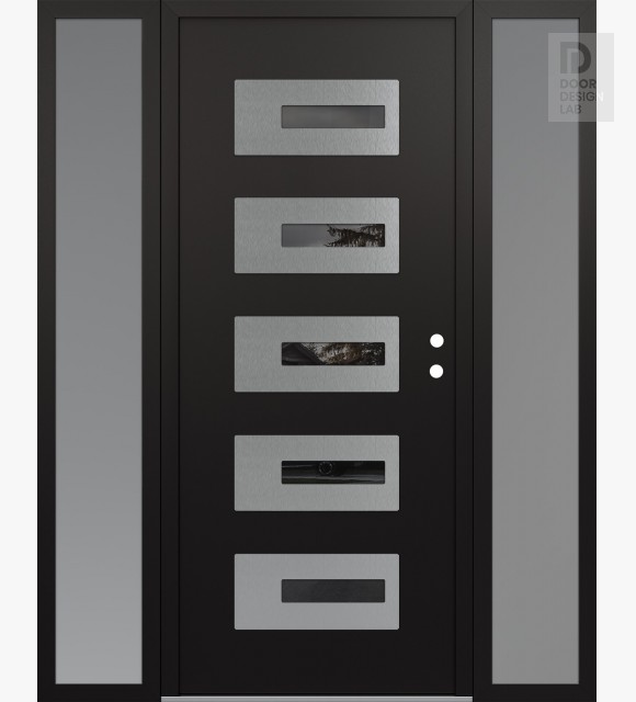 Modern Steel Front Door Diamond D6 64" x 80" black/black mirrored Glass Panel stainless steel LHI with 2 Sidelites frosted Glass