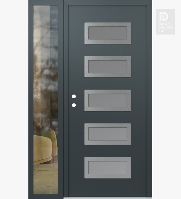 Modern Steel Front Door Diamond D1 52" x 80" anthracite/anthracite frosted Glass Panel stainless steel RHI with Sidelite clear Glass
