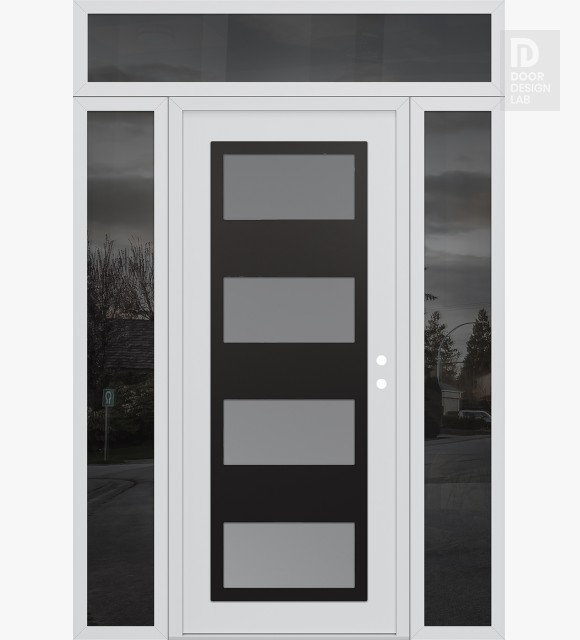 Modern Steel Front Door Diamond C2 64" x 96" white/white frosted Glass Panel black LHI with 2 Sidelites and Transom mirrored Glass