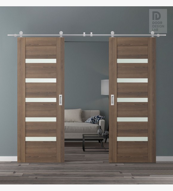 DOUBLE BARN DOOR AVON 07-04 VETRO PECAN NUTWOOD 56" X 84" X 1 3/4" STAINLESS STEEL HARDWARE