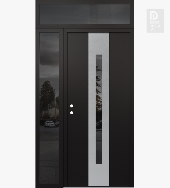 Modern Steel Front Door DIAMOND A2 52" X 96" BLACK/BLACK MIRRORED GLASS PANEL STAINLESS STEEL RHI WITH SIDELITE AND TRANSOM MIRRORED GLASS