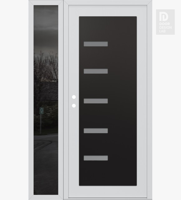 Modern Steel Front Door Diamond C8 52" x 80" white/white frosted Glass Panel black RHI with Sidelite mirrored Glass