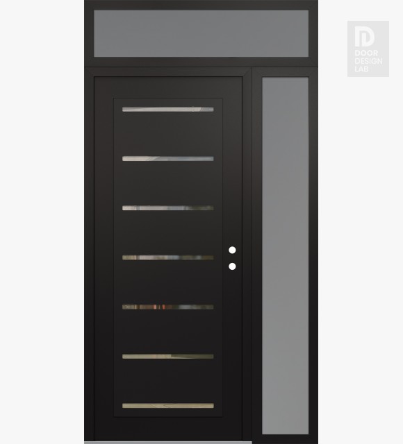 Modern Steel Front Door Diamond C11 52" x 96" black/black clear Glass Panel black LHI with Sidelite and Transom frosted Glass