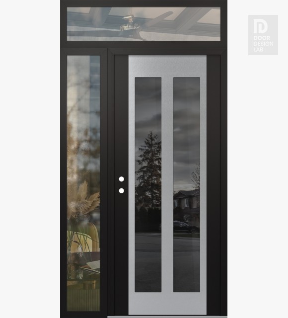 Modern Steel Front Door Diamond C14 52" x 96" black/black mirrored Glass Panel stainless steel RHI with Sidelite and Transom clear Glass