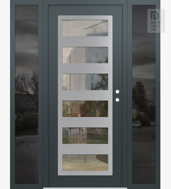 Modern Steel Front Door Diamond C9 60" x 80" anthracite/anthracite clear Glass Panel stainless steel LHI with 2 Sidelites mirrored Glass