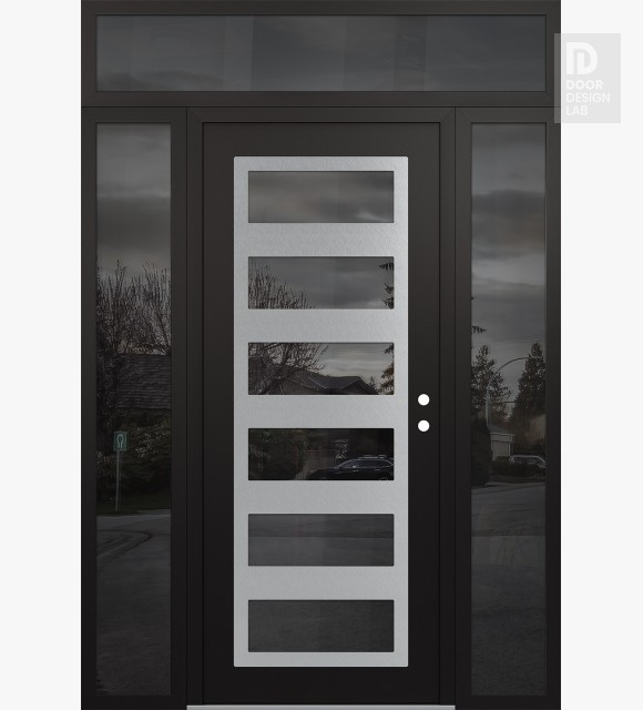 Modern Steel Front Door Diamond C9 60" x 96" black/black mirrored Glass Panel stainless steel LHI with 2 Sidelites and Transom mirrored Glass