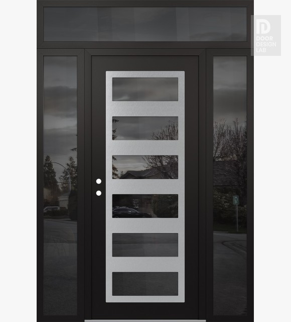 Modern Steel Front Door Diamond C9 60" x 96" black/black mirrored Glass Panel stainless steel RHI with 2 Sidelites and Transom mirrored Glass