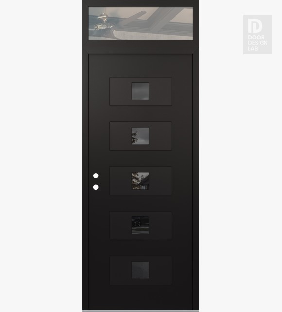 Modern Steel Front Door Diamond D8 36" x 96" black/black mirrored Glass Panel black RHI with Transom clear Glass