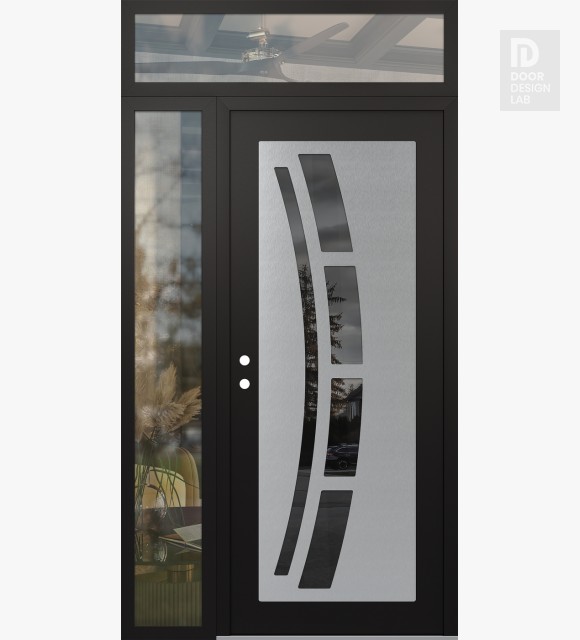 Modern Steel Front Door Diamond C12 48" x 96" black/black mirrored Glass Panel stainless steel RHI with Sidelite and Transom clear Glass