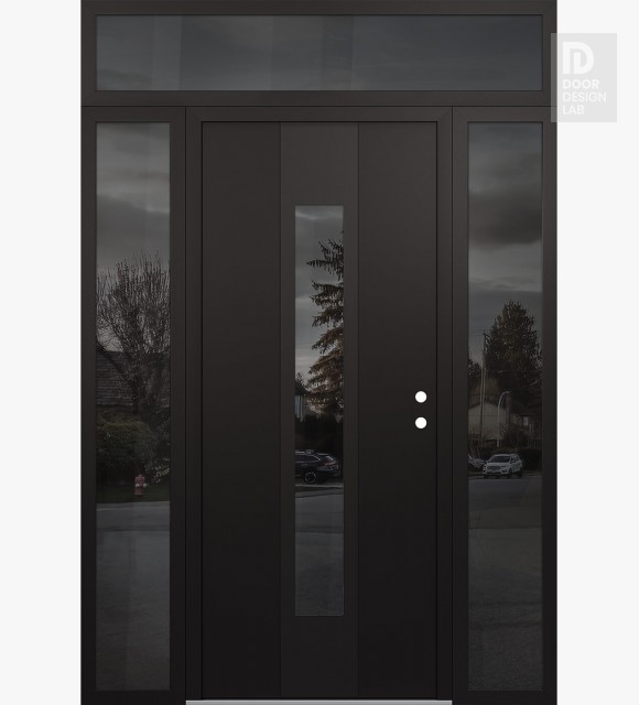 Modern Steel Front Door DIAMOND A1 68" X 96" BLACK/BLACK MIRRORED GLASS PANEL BLACK LHI WITH 2 SIDELITES AND TRANSOM MIRRORED GLASS