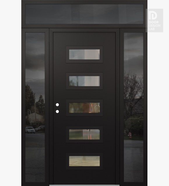 Modern Steel Front Door Diamond D1 68" x 96" black/black clear Glass Panel black RHI with 2 Sidelites and Transom mirrored Glass
