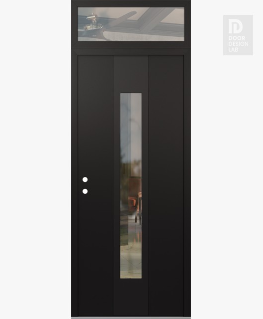 Modern Steel Front Door DIAMOND A1 36" X 96" BLACK/BLACK CLEAR GLASS PANEL BLACK RHI WITH TRANSOM CLEAR GLASS