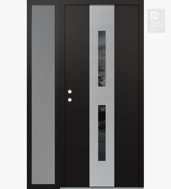 Modern Steel Front Door DIAMOND A6 50" X 80" BLACK/BLACK MIRRORED GLASS PANEL STAINLESS STEEL RHI WITH SIDELITE FROSTED GLASS