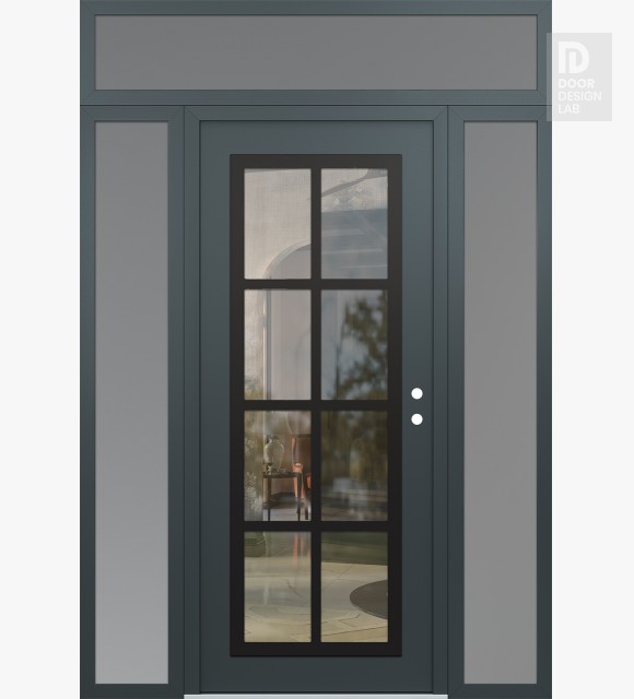 Modern Steel Front Door Diamond C16 64" x 96" anthracite/anthracite clear Glass Panel black LHI with 2 Sidelites and Transom frosted Glass