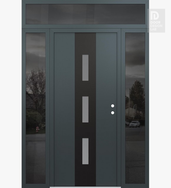 Modern Steel Front Door DIAMOND A7 64" X 96" ANTHRACITE/ANTHRACITE FROSTED GLASS PANEL BLACK LHI WITH 2 SIDELITES AND TRANSOM MIRRORED GLASS