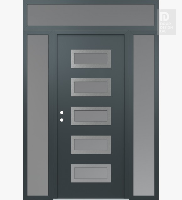 Modern Steel Front Door Diamond D1 68" x 96" anthracite/anthracite frosted Glass Panel stainless steel RHI with 2 Sidelites and Transom frosted Glass