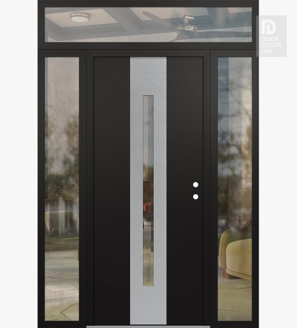 Modern Steel Front Door DIAMOND A2 60" X 96" BLACK/BLACK CLEAR GLASS PANEL STAINLESS STEEL LHI WITH 2 SIDELITES AND TRANSOM CLEAR GLASS