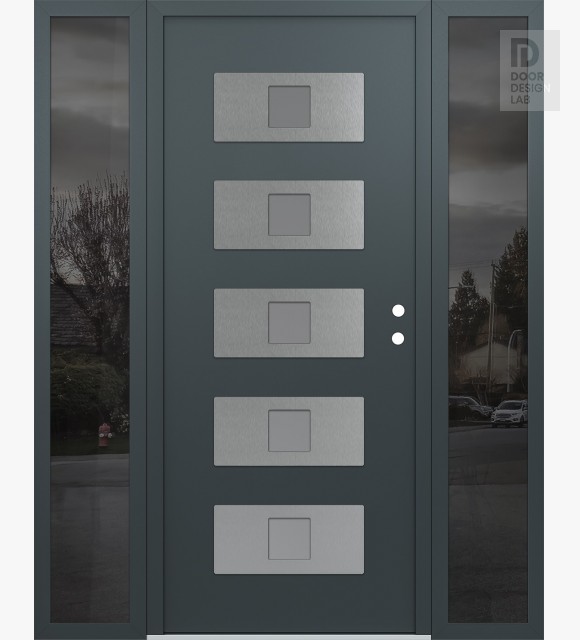 Modern Steel Front Door Diamond D8 60" x 80" anthracite/anthracite frosted Glass Panel stainless steel LHI with 2 Sidelites mirrored Glass