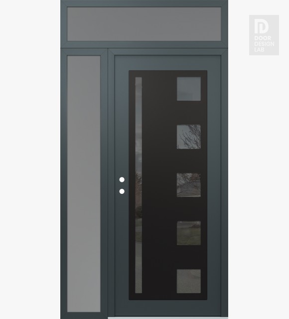Modern Steel Front Door Diamond C3 52" x 96" anthracite/anthracite mirrored Glass Panel black RHI with Sidelite and Transom frosted Glass