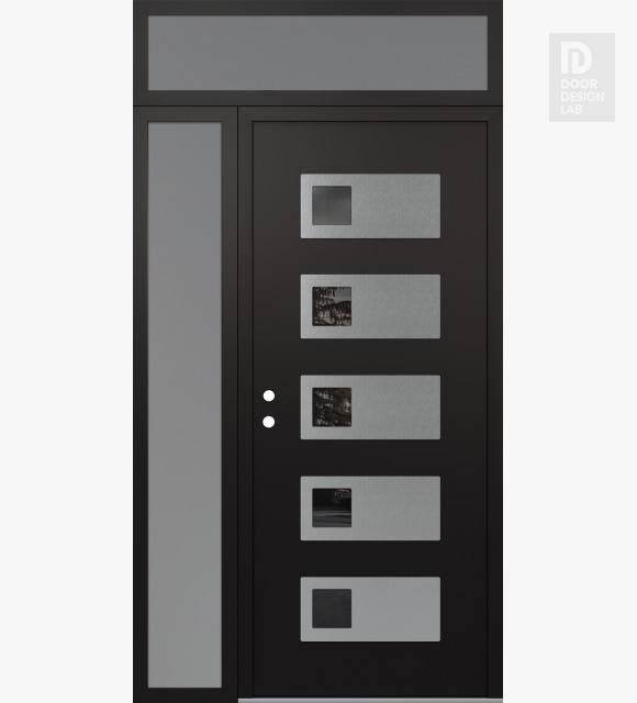 Modern Steel Front Door Diamond D2 48" x 96" black/black mirrored Glass Panel stainless steel RHI with Sidelite and Transom frosted Glass