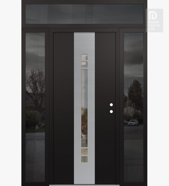 Modern Steel Front Door DIAMOND A4 68" X 96" BLACK/BLACK CLEAR GLASS PANEL STAINLESS STEEL LHI WITH 2 SIDELITES AND TRANSOM MIRRORED GLASS